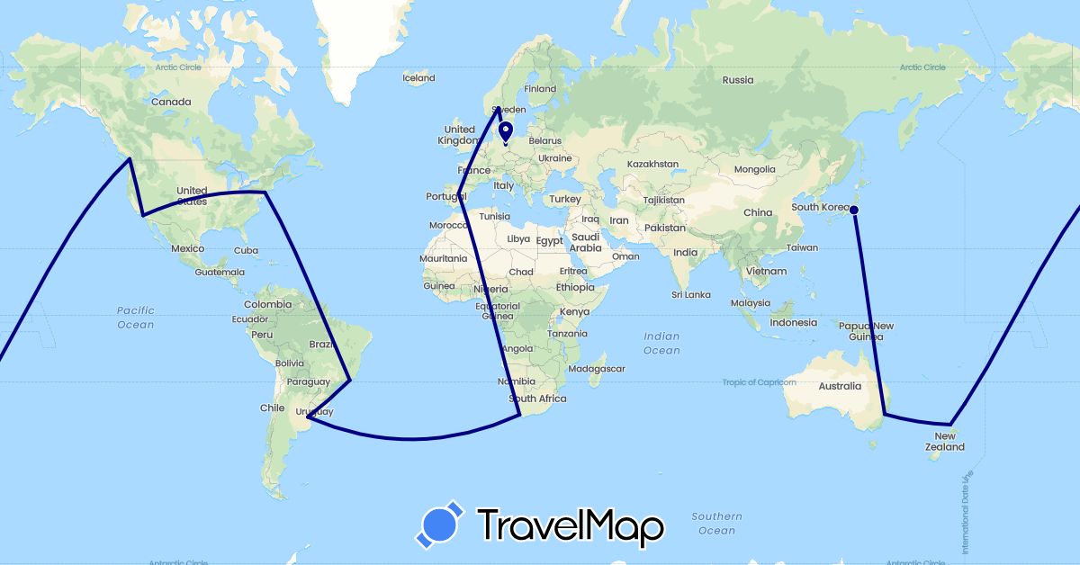 TravelMap itinerary: driving in Argentina, Australia, Brazil, Canada, Germany, Spain, Japan, Norway, New Zealand, United States, South Africa (Africa, Asia, Europe, North America, Oceania, South America)